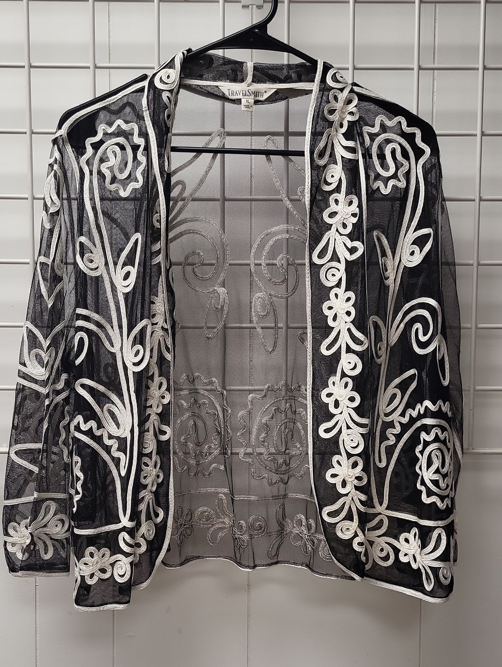 TravelSmith Black Sheer Light Jacket with White Embroidered Trim, XL